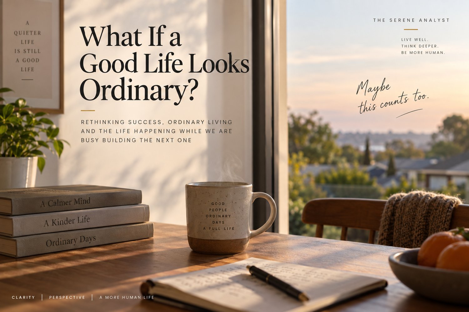 What If a Good Life Looks Ordinary? A peaceful everyday scene with coffee, books and a journal, reflecting on living well, success and finding meaning in ordinary life.