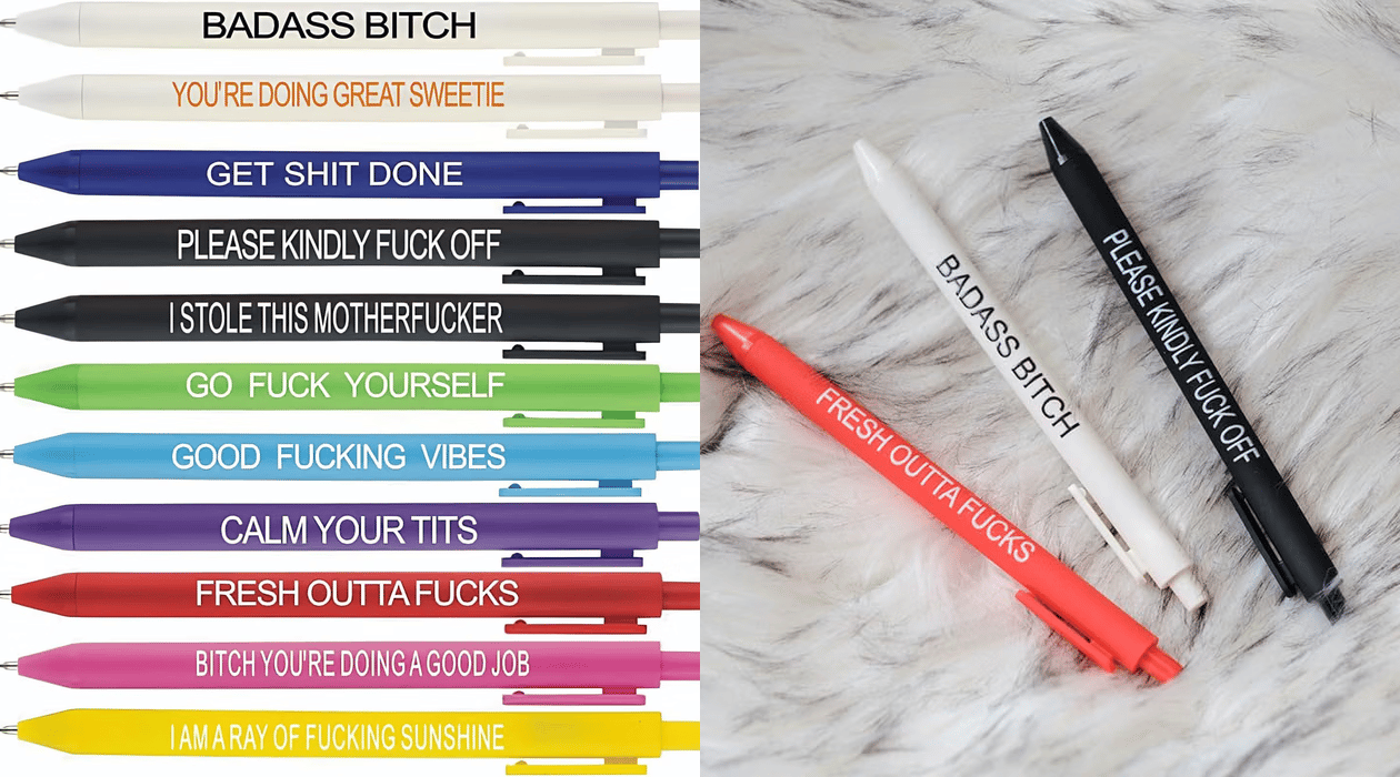 Colorful adult humor ballpoint pens with funny and profane sayings