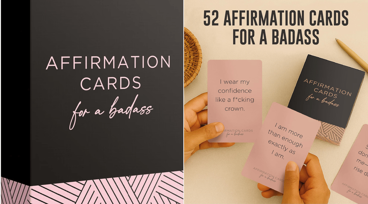 Badass affirmation card set with pink and black cards featuring bold motivational messages
