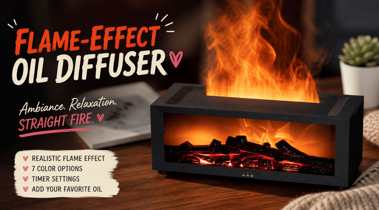 Flame-effect oil diffuser styled like a miniature fireplace on a wooden table