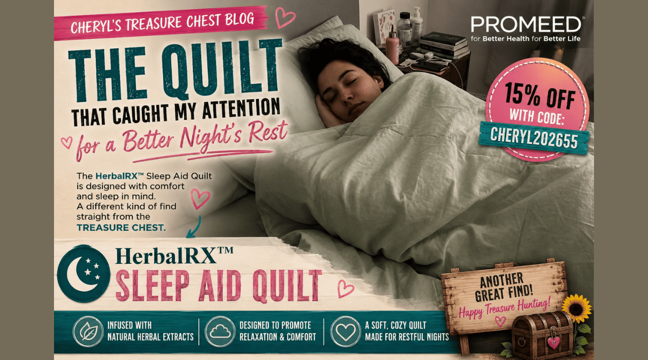 HerbalRX Sleep Aid Quilt shown on a bed with a sleeping woman, featuring Cheryl’s Treasure Chest branding and a 15% off discount code