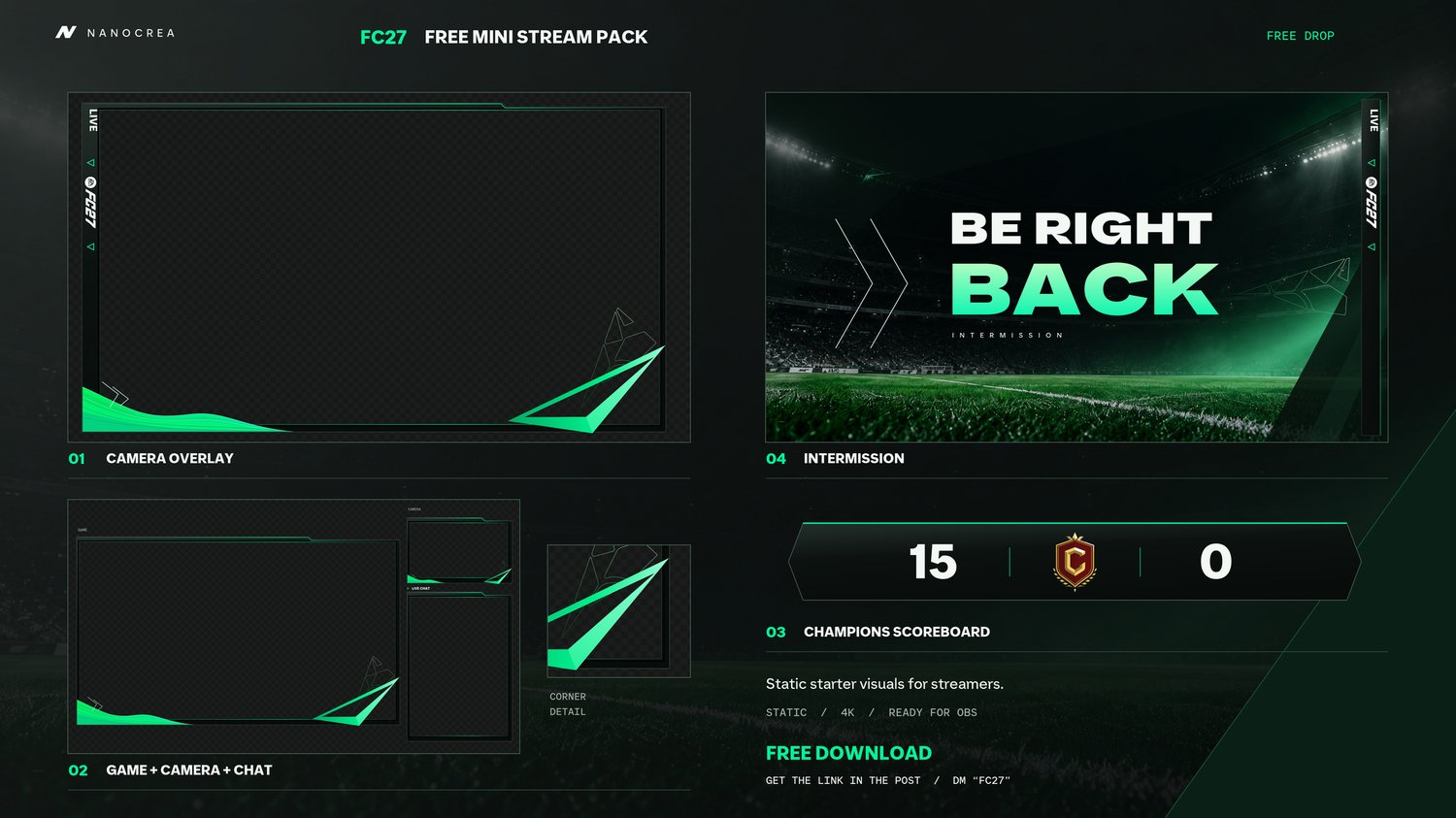 FC27 Mini Stream Pack: camera overlay, game and chat layout, red Champions scoreboard and stadium intermission.