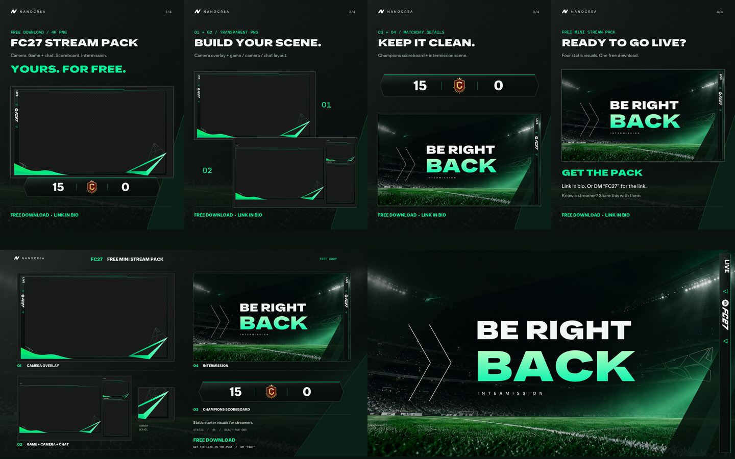 FC27 stream pack previews showing transparent overlays, a Champions scoreboard and a Be Right Back stadium scene.
