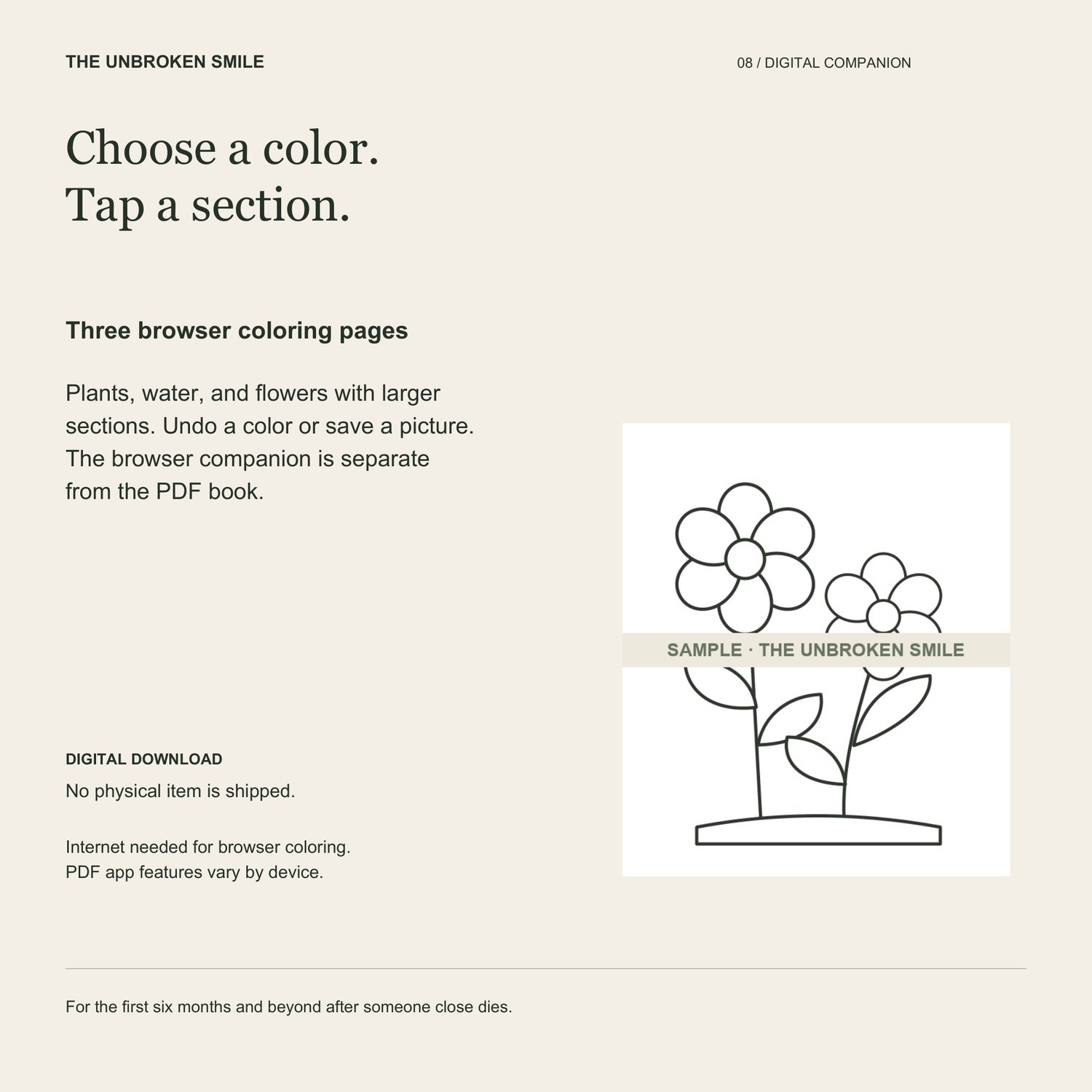 Simplified garden-flower coloring page with a sample watermark. Text explains the separate browser coloring companion.