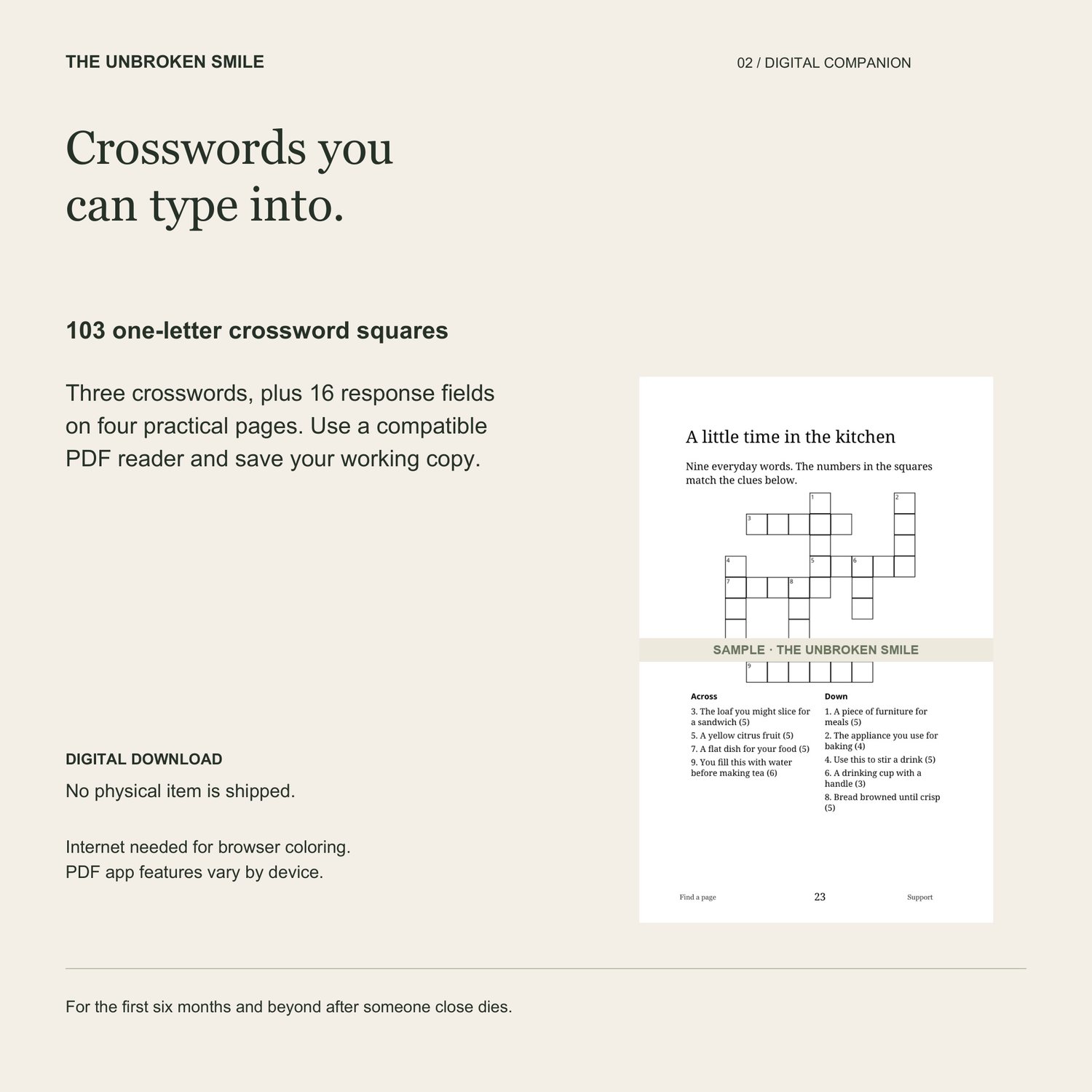 Crossword from page 23 with a sample watermark. Text states 103 crossword squares and 16 worksheet fields.