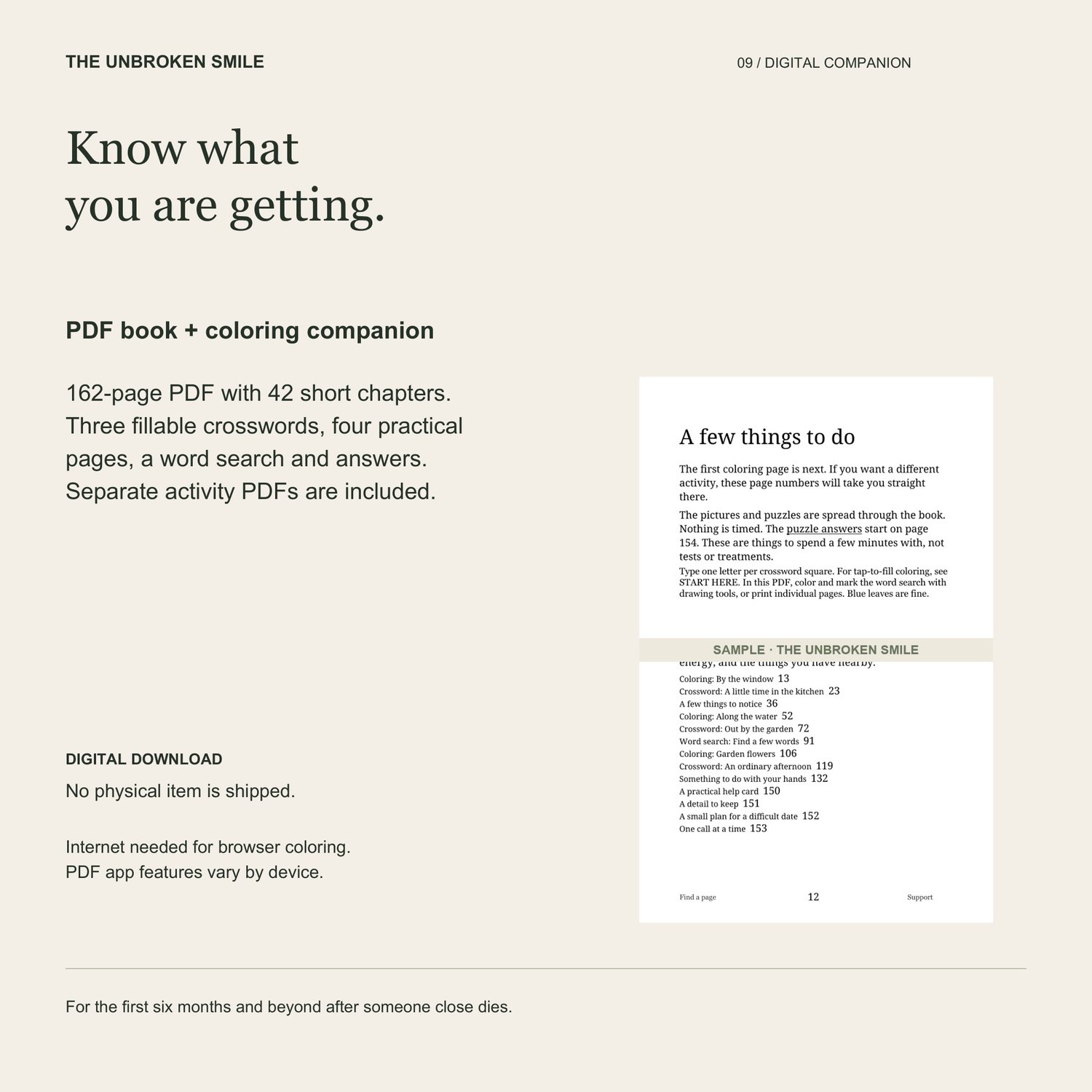 Activity directory from digital page 12 with a sample watermark. Text distinguishes the PDF book and coloring companion.