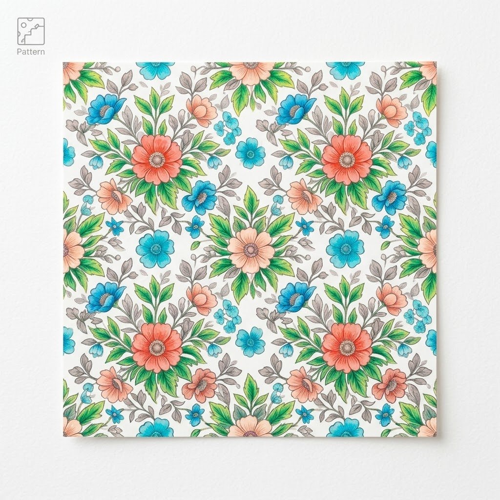 Seamless floral repeat pattern featuring coral, peach, and turquoise watercolor flowers on a clean white background.