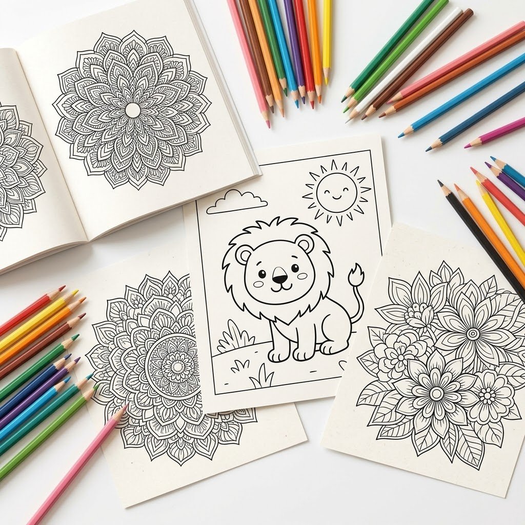Flat lay of printable coloring pages featuring intricate adult mandalas, floral designs, and a cute cartoon lion, surrounded by colorful pencils on a white desk.