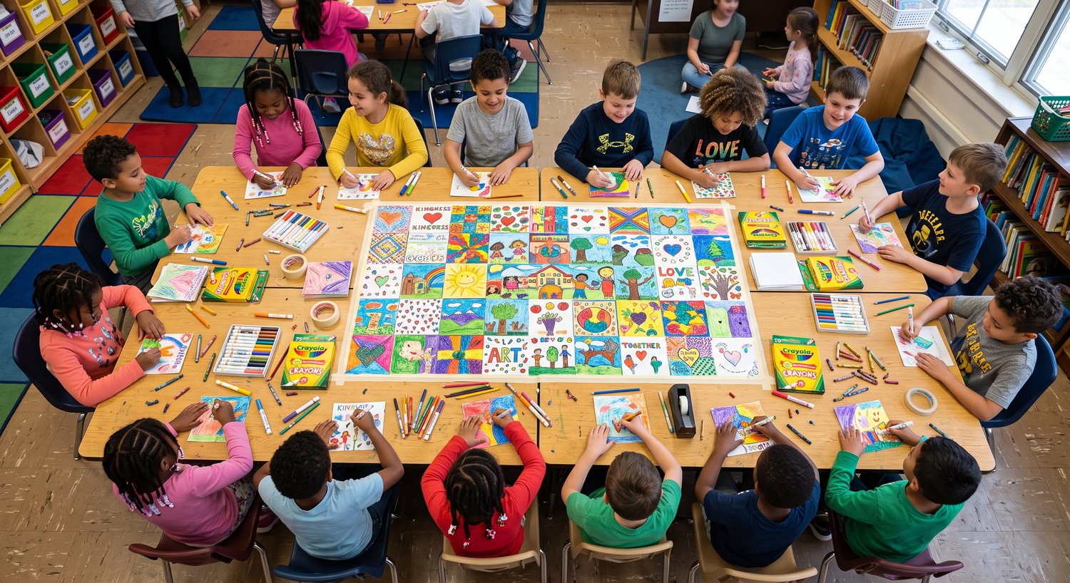 A diverse group of elementary school students working together in a classroom to color a giant collaborative poster using crayons and markers.