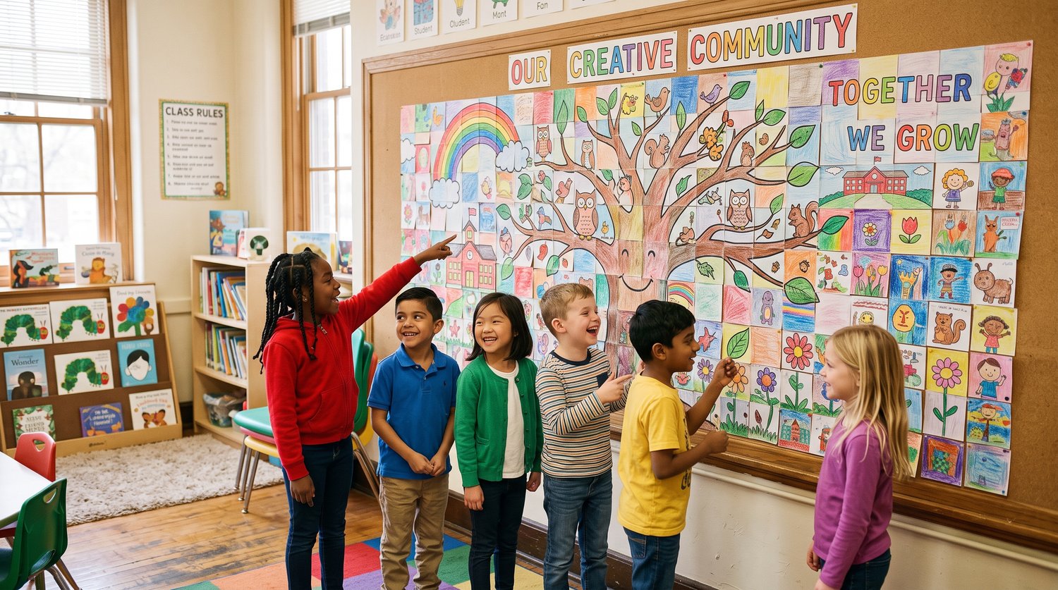 A diverse group of smiling elementary school students standing proudly in front of a classroom bulletin board, pointing at a giant collaborative coloring poster they created together.