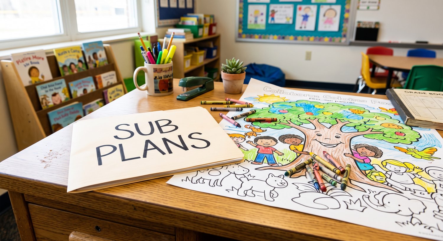 A teacher's desk with an emergency sub plans folder sitting next to a beautiful giant collaborative coloring poster and crayons, perfect for a zero-prep substitute teacher activity.