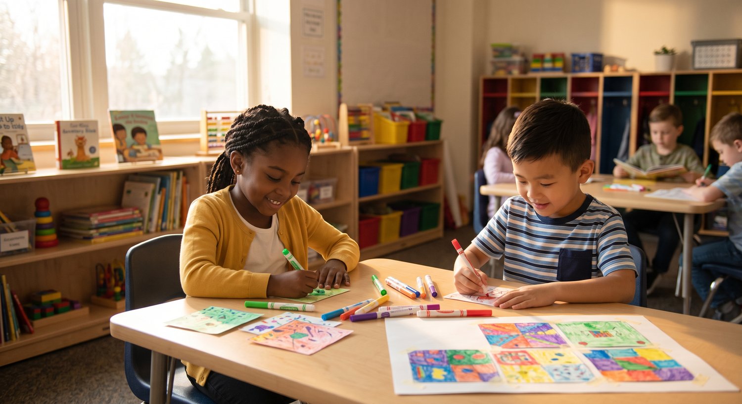 Young elementary students quietly coloring pieces of a collaborative poster at their desks during a calm soft start morning routine in a bright classroom.