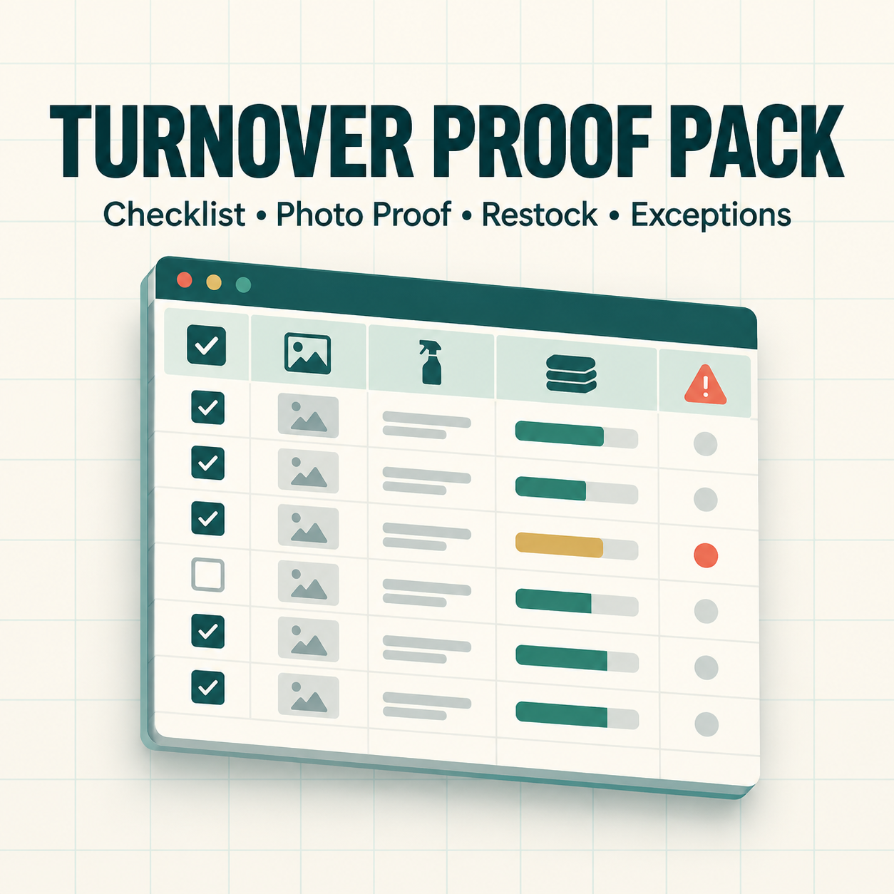 Vacation rental turnover checklist, photo proof, restock and exceptions workbook
