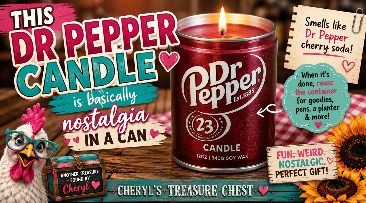 Dr Pepper-scented soy candle in a reusable can-style container with colorful treasure-hunt graphics