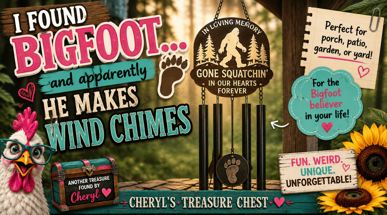 Bigfoot memorial wind chimes hanging outdoors with a Sasquatch design