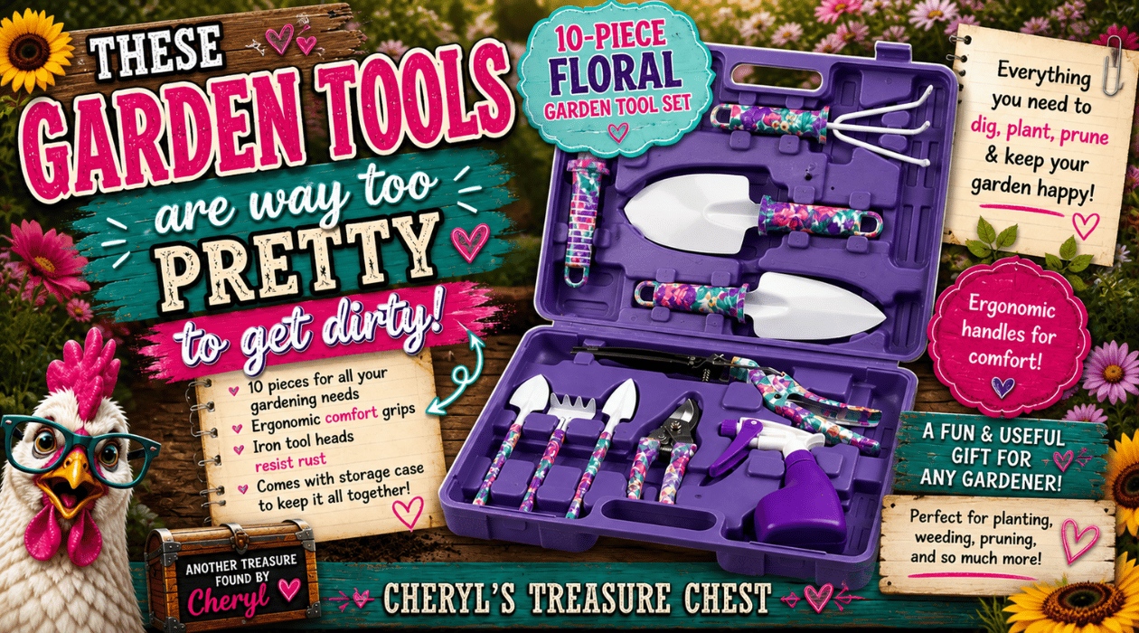 10-piece floral garden tool set in a purple storage case with colorful patterned handles