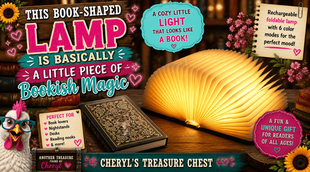 Book-shaped foldable lamp glowing on a wooden table surrounded by books, with Cheryl’s Treasure Chest branding and book lover gift details