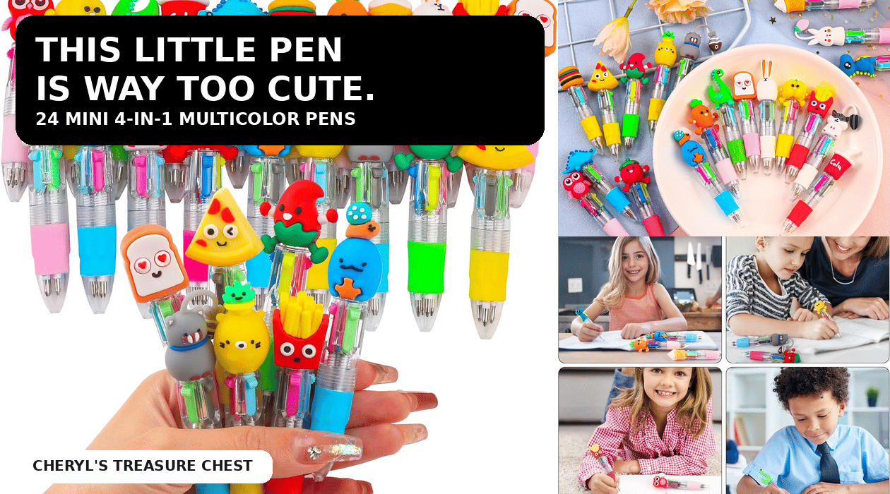olorful mini 4-in-1 pens with playful character toppers shown in a hand and being used by children