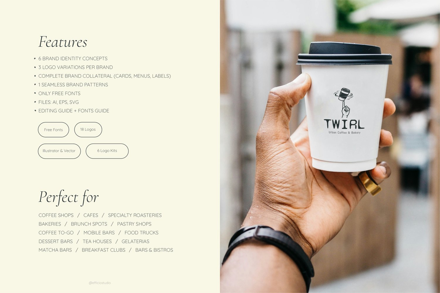 Coffee shop branding features, coffee cup mockup, and vector logo variations