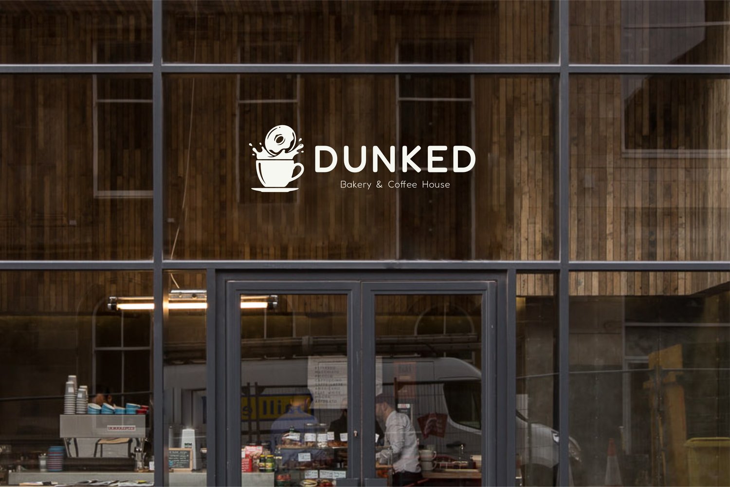 Coffee shop exterior signage and window branding mockup