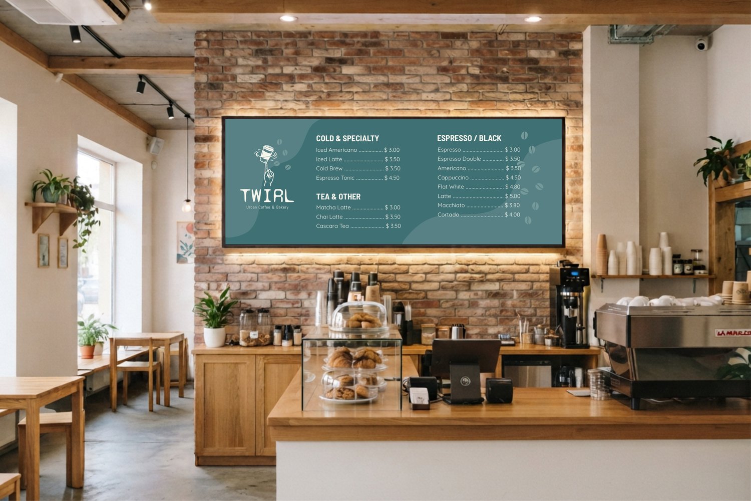 Coffee shop interior menu board layout template mockup