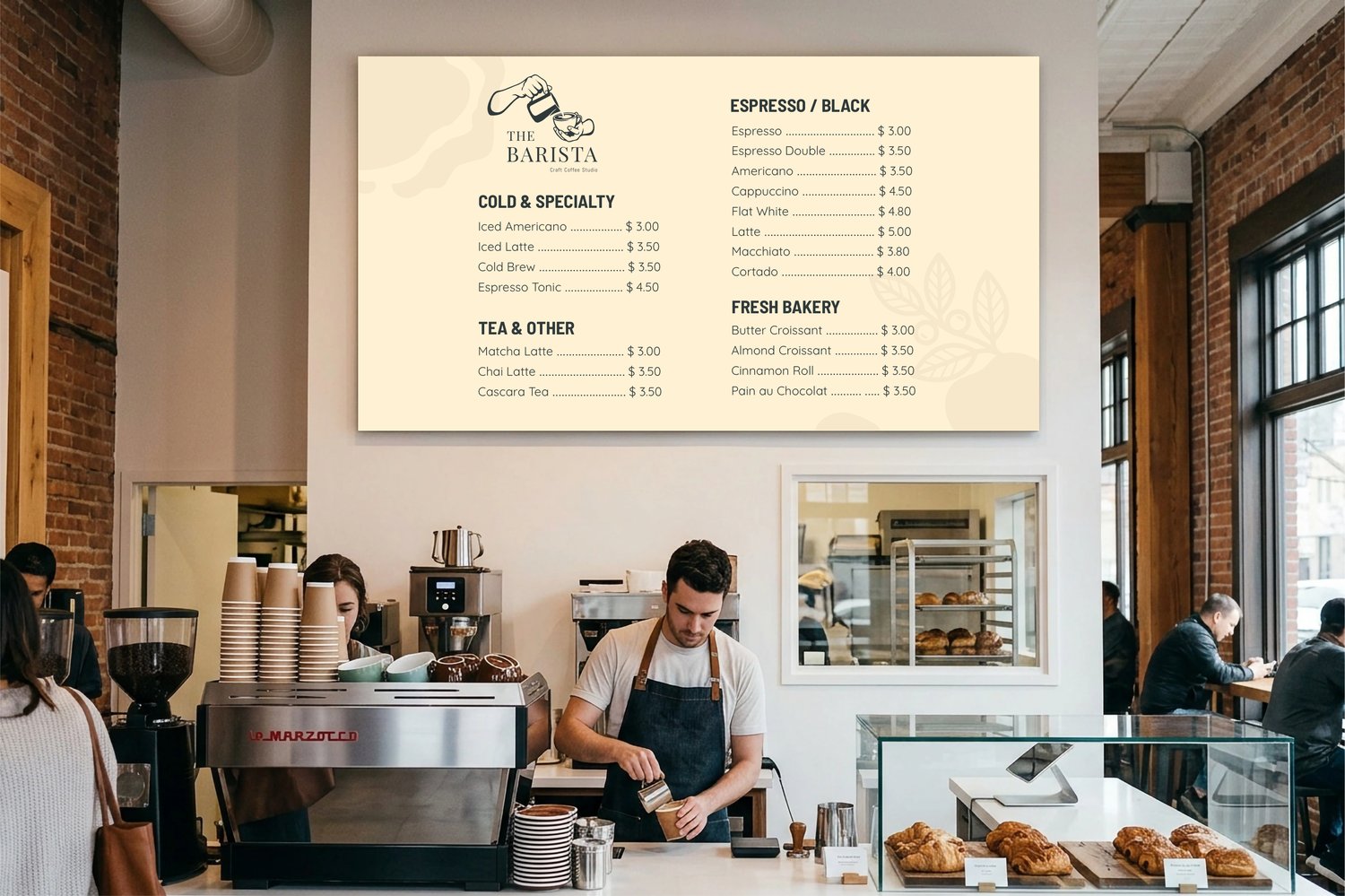 Coffee shop interior menu board template mockup