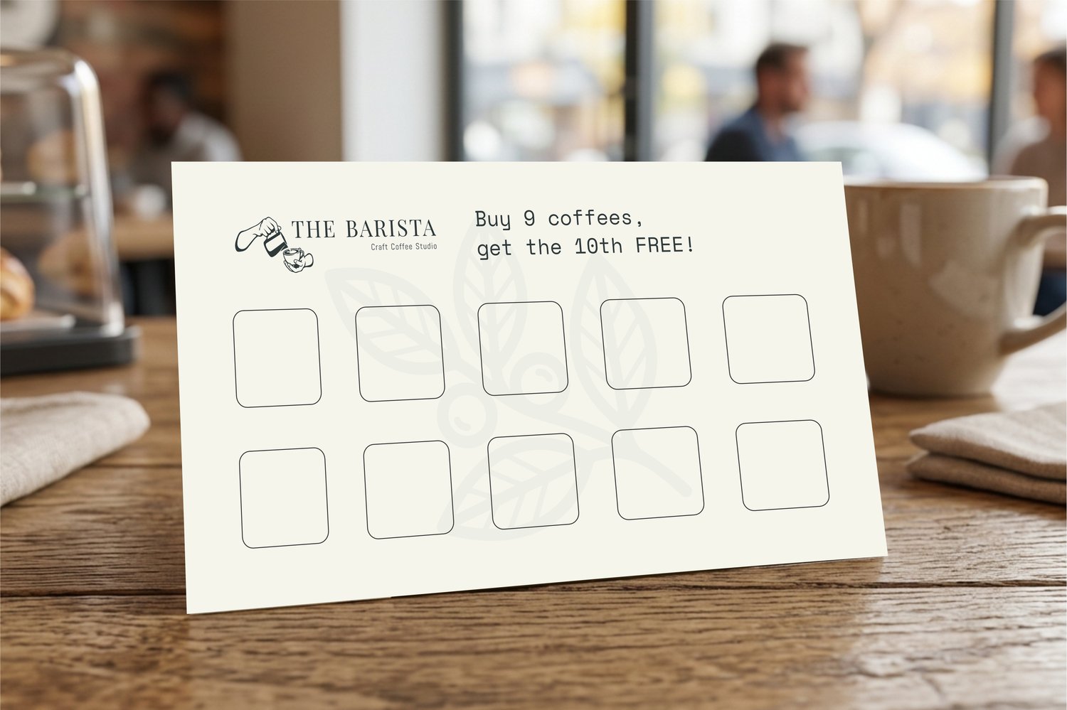 Coffee shop loyalty stamp card template mockup