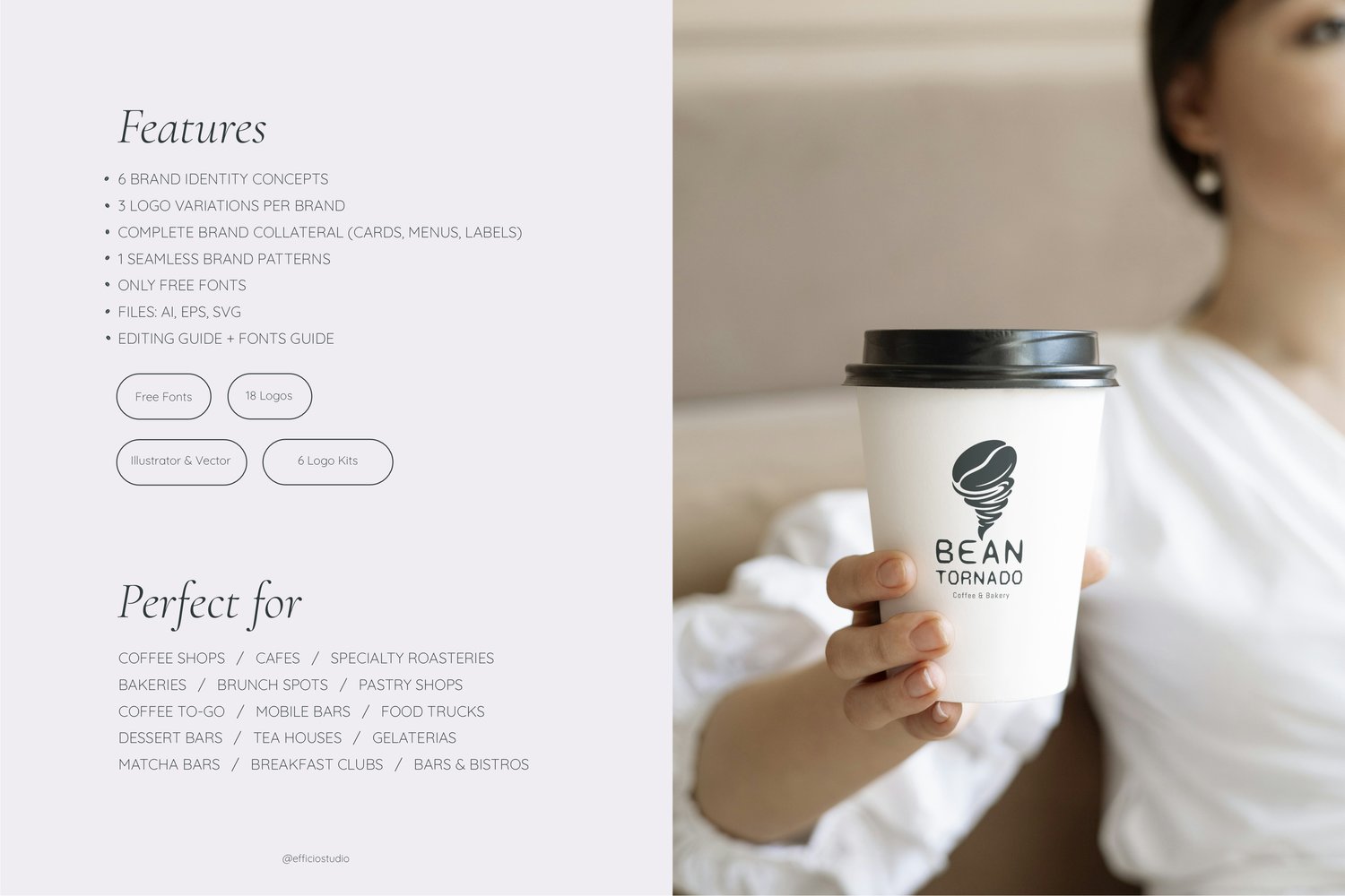 Coffee shop branding kit features, coffee cup mockup, and vector logo variations