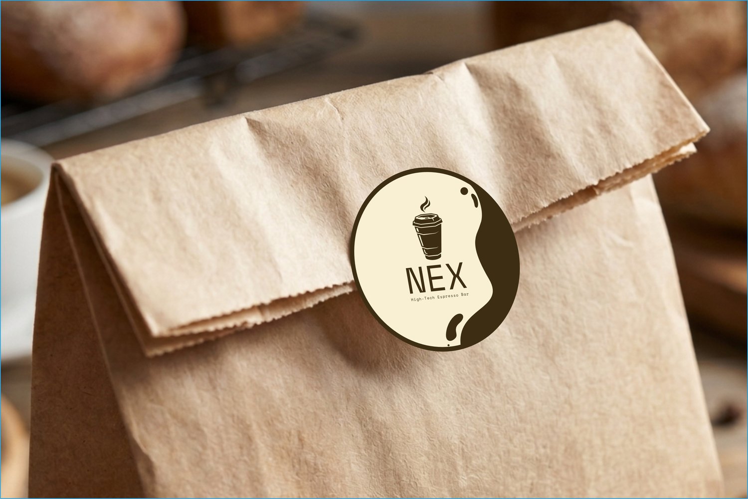 Bakery paper bag packaging mockup with custom logo sticker