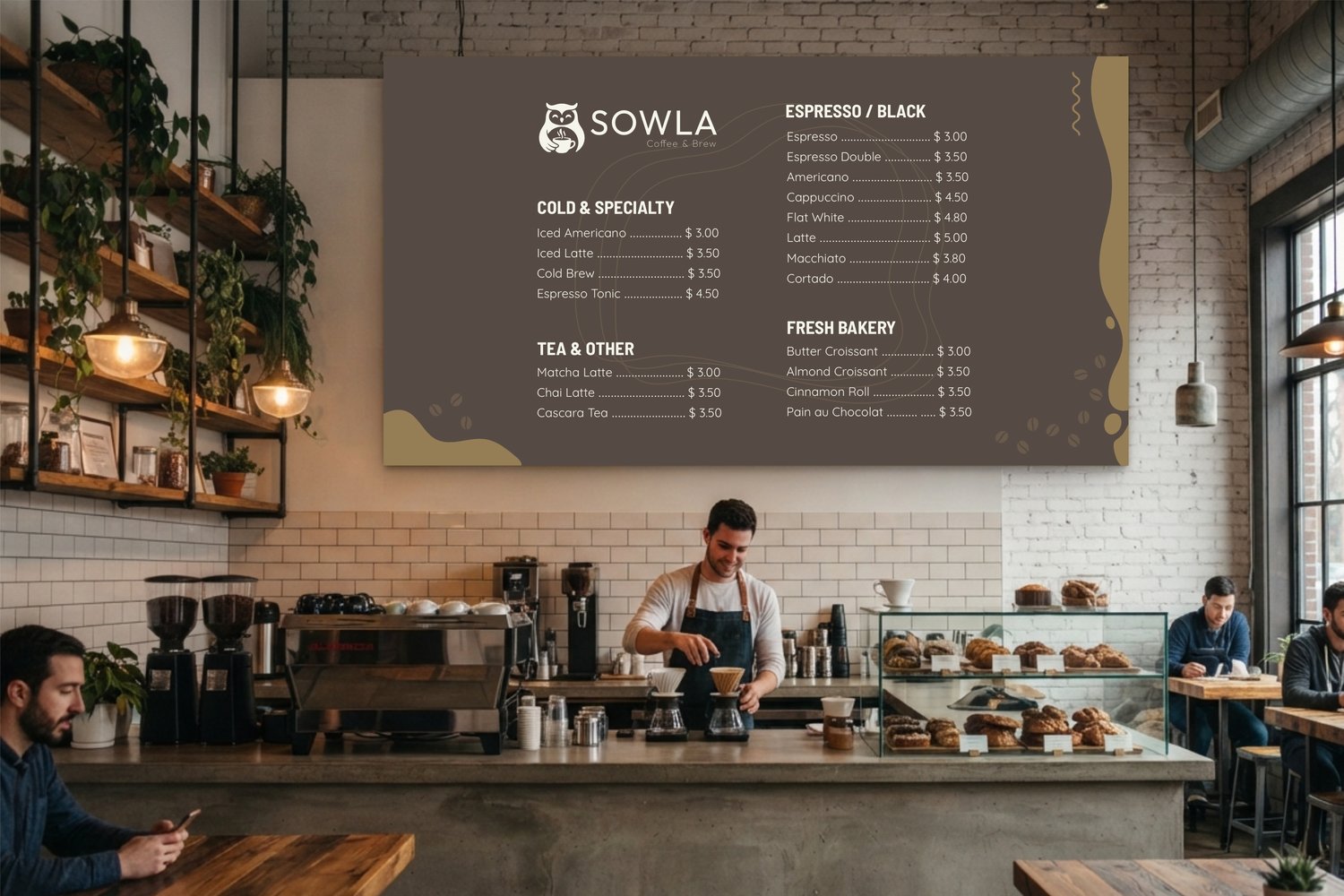 Coffee shop interior menu board template mockup