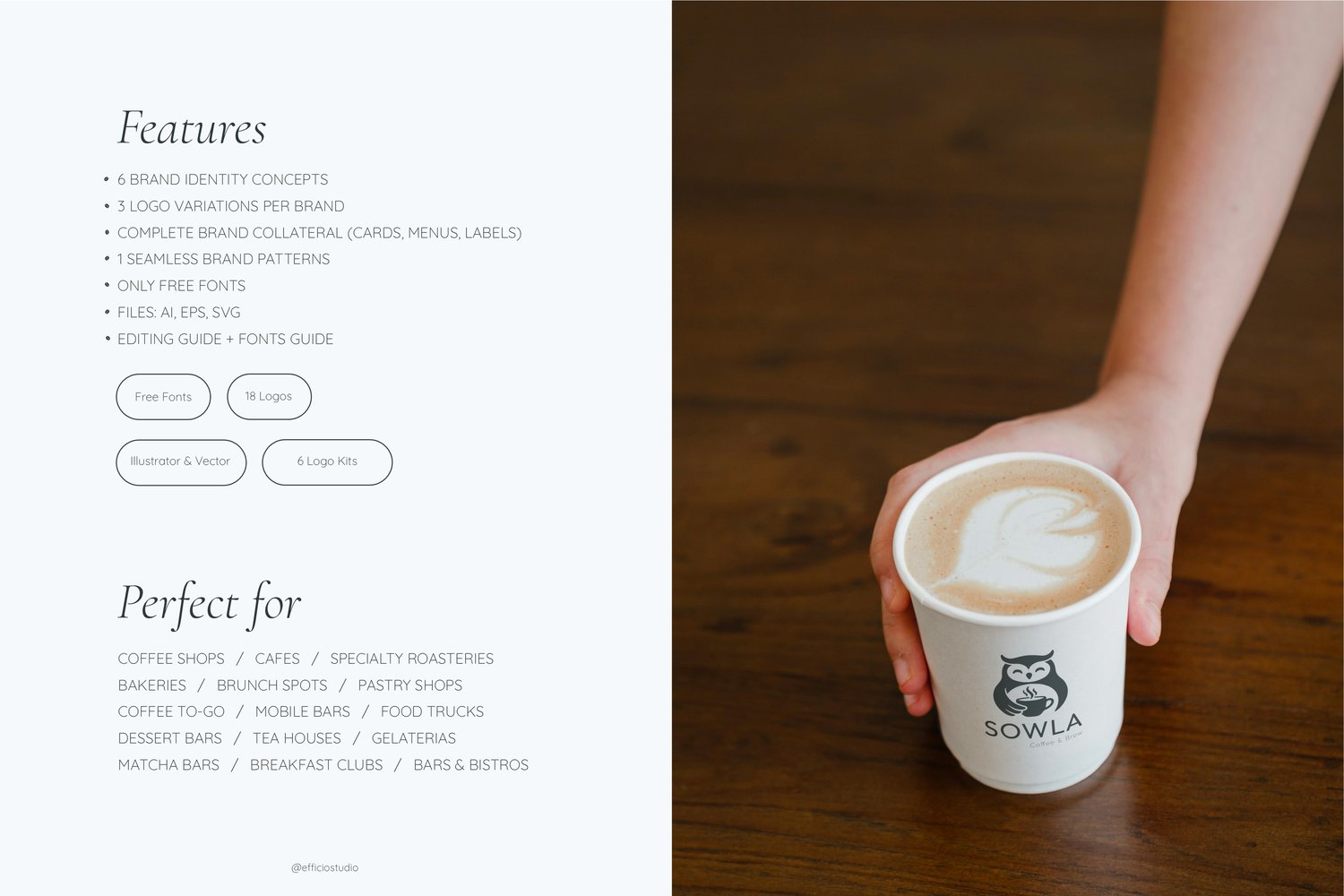 Coffee shop branding kit features, takeaway cup mockup, and vector logo variations