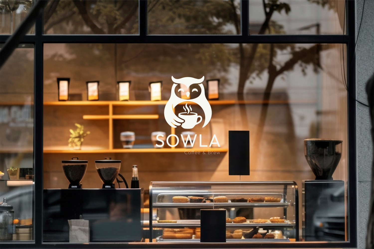 Coffee shop storefront window sticker and signage mockup