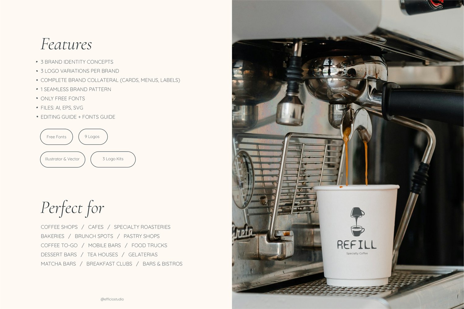 Coffee shop branding kit features, takeaway paper cup mockup, and vector logos