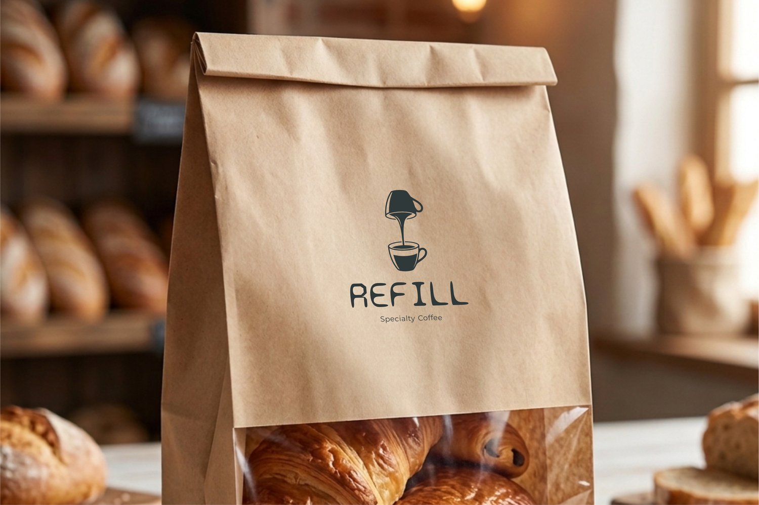 Bakery paper bag packaging mockup with custom coffee logo
