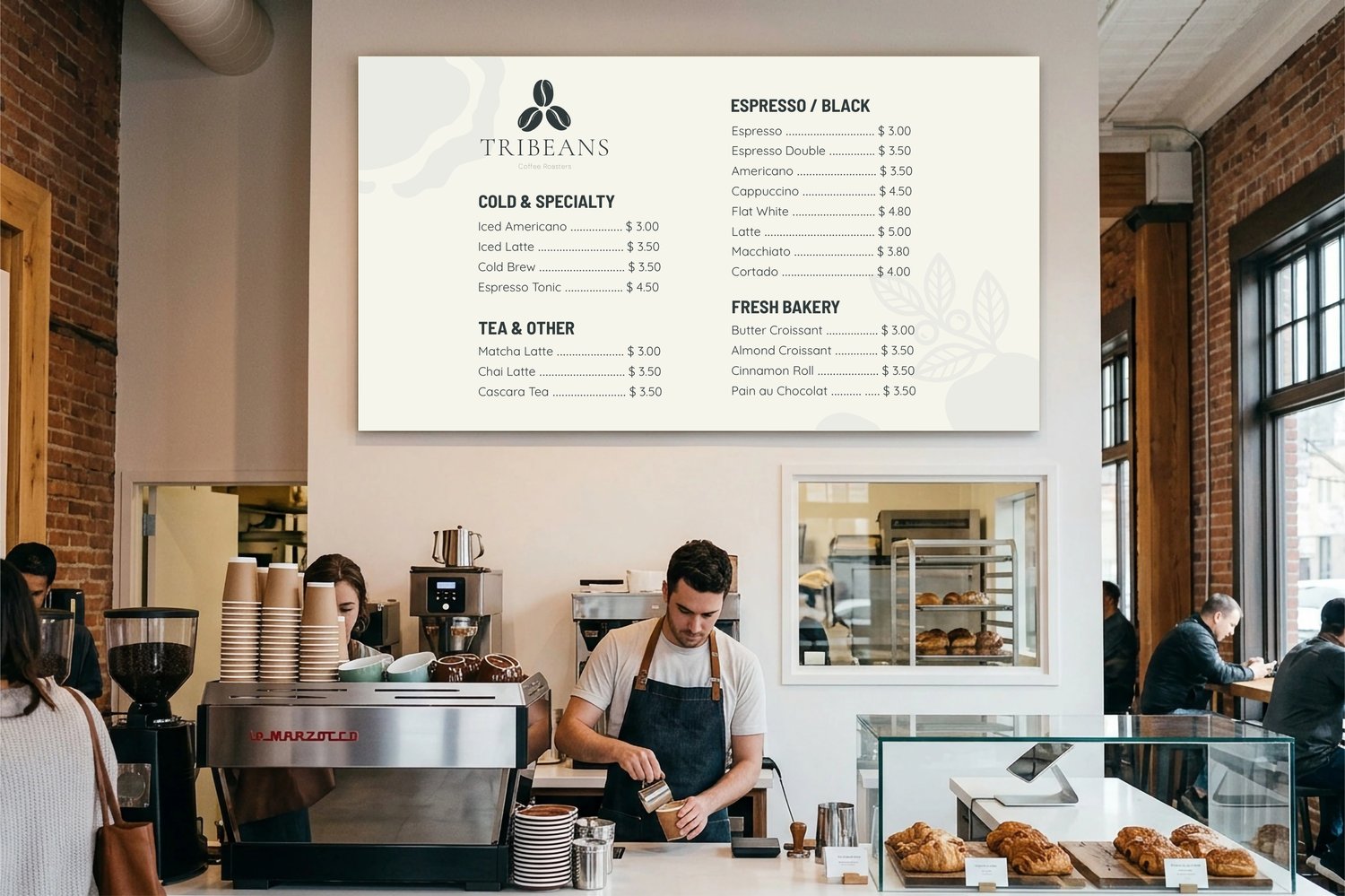 Coffee shop interior menu board template mockup