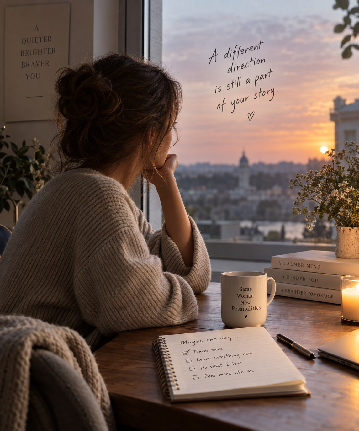 Woman sitting quietly by a window at sunset, reflecting on feeling stuck in life and wondering what direction she wants to take next.