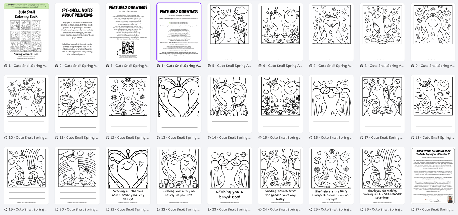 Cute Snail Spring Adventures Coloring Book (inside spread)