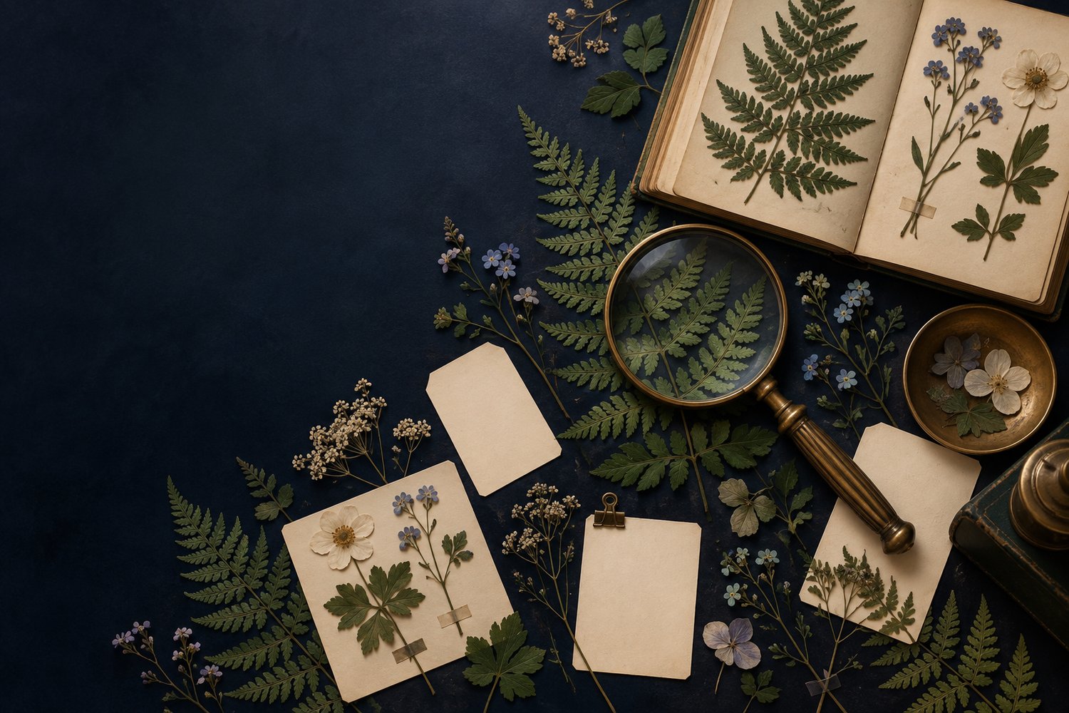 The Midnight Botanist archive collection: botanical pages and specimen labels on a dark tabletop.