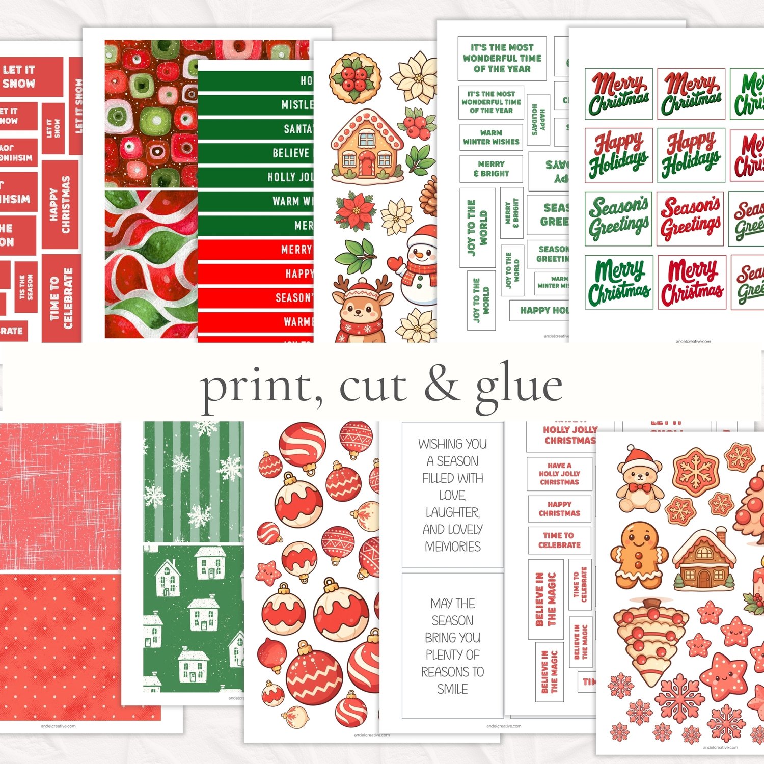 Collage of Christmas card making sheets in red and green color