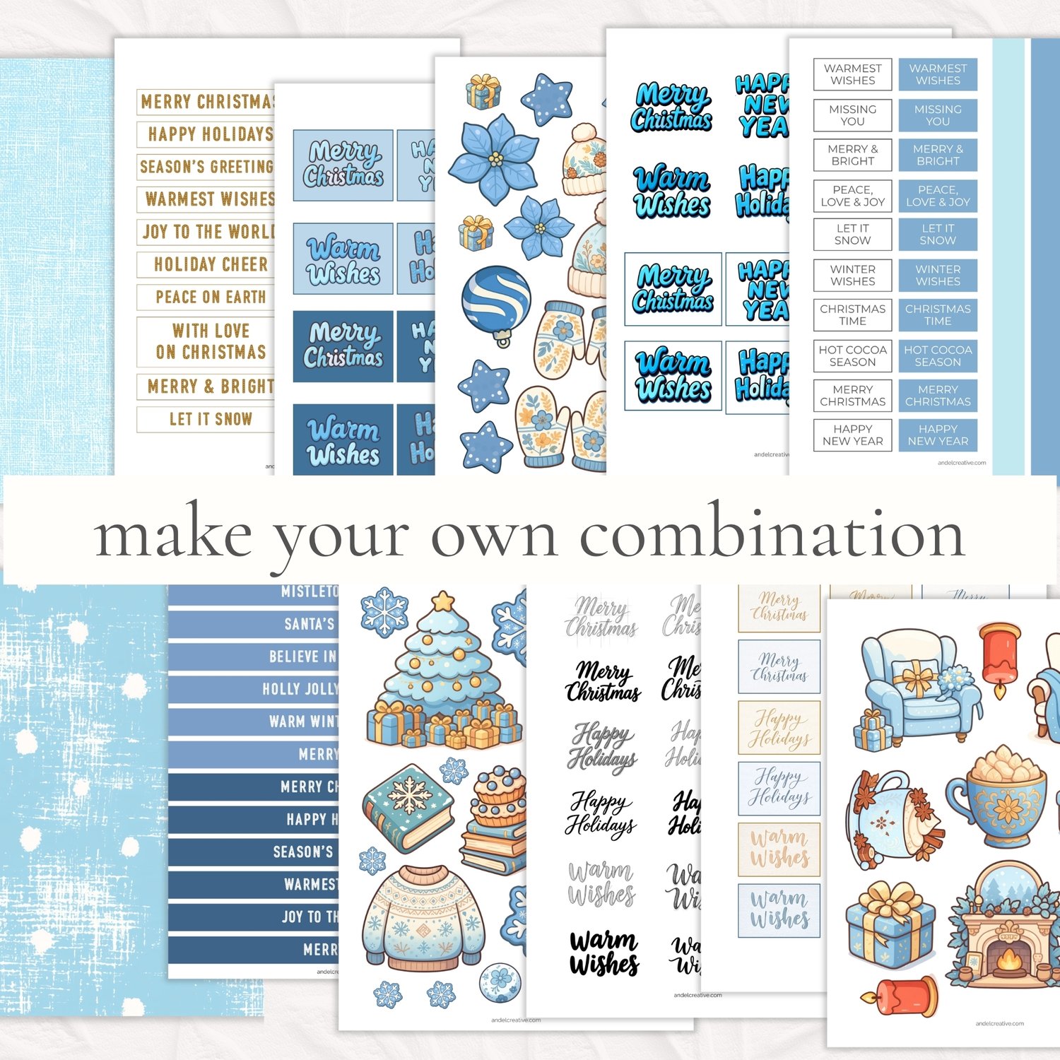 Collage of blue winter and Christmas card making sheets