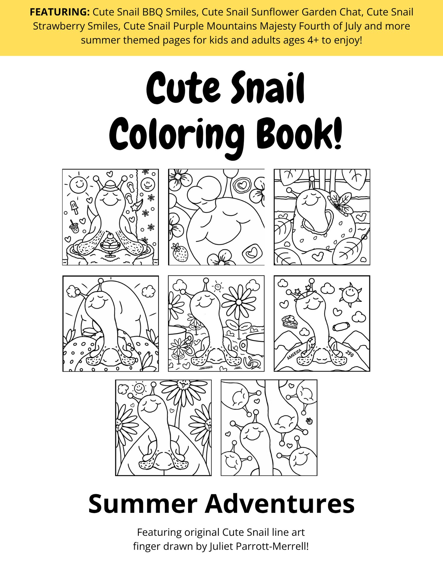 Cute Snail Summer Adventures Coloring Book (front Cover)