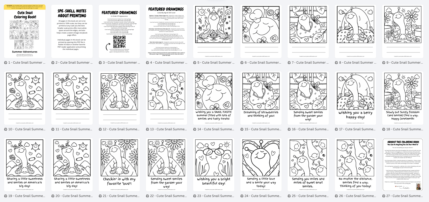 Cute Snail Summer Adventures Coloring Book (Inside spread)