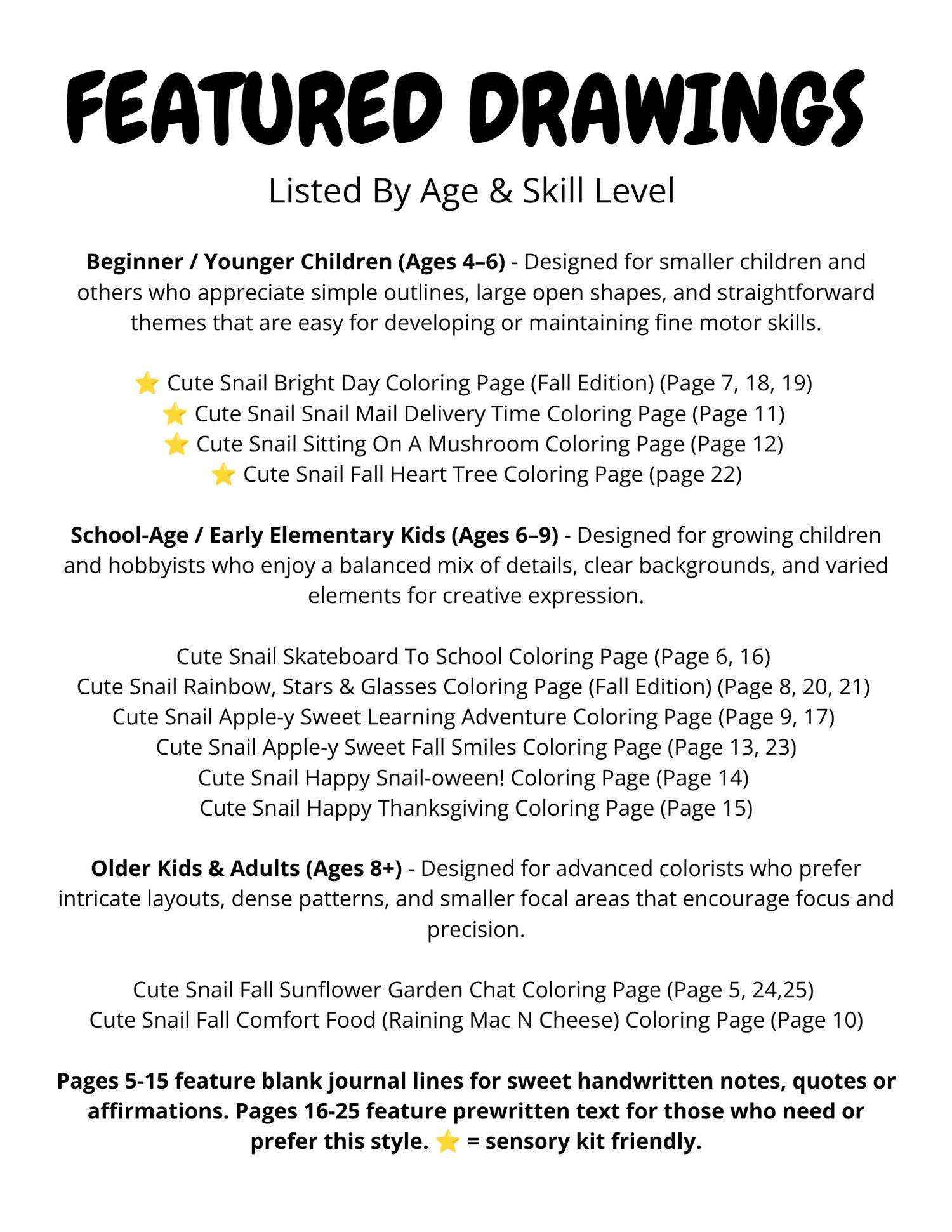 Cute Snail Fall Coloring Adventures (featured drawings by age, skill and sensory)