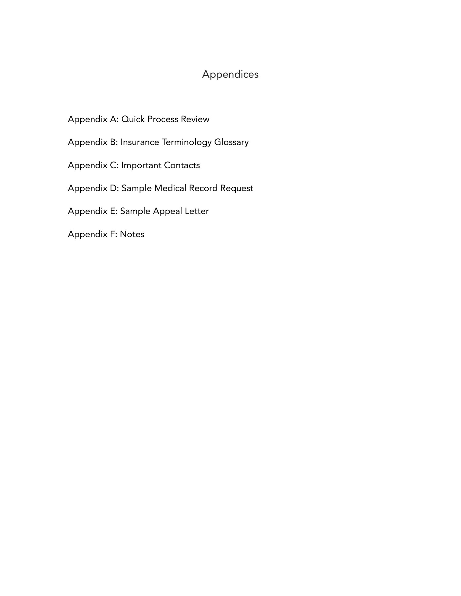 List of appendices included in a health insurance denial and appeal workbook, including worksheets, sample letters, and additional resources.