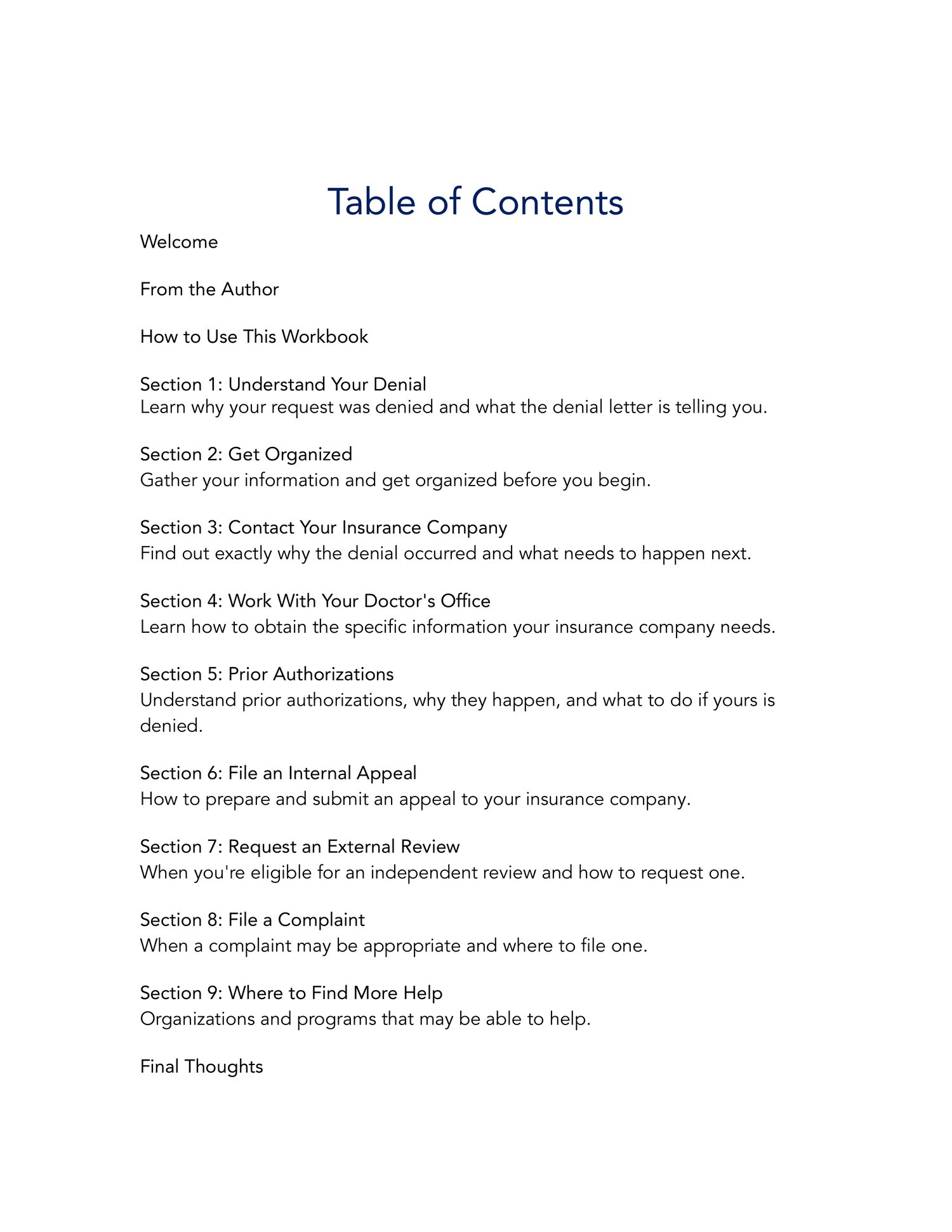 Table of contents for a health insurance denial and appeals workbook, showing sections on understanding denials, getting organized, appeals, external review, and additional resources.