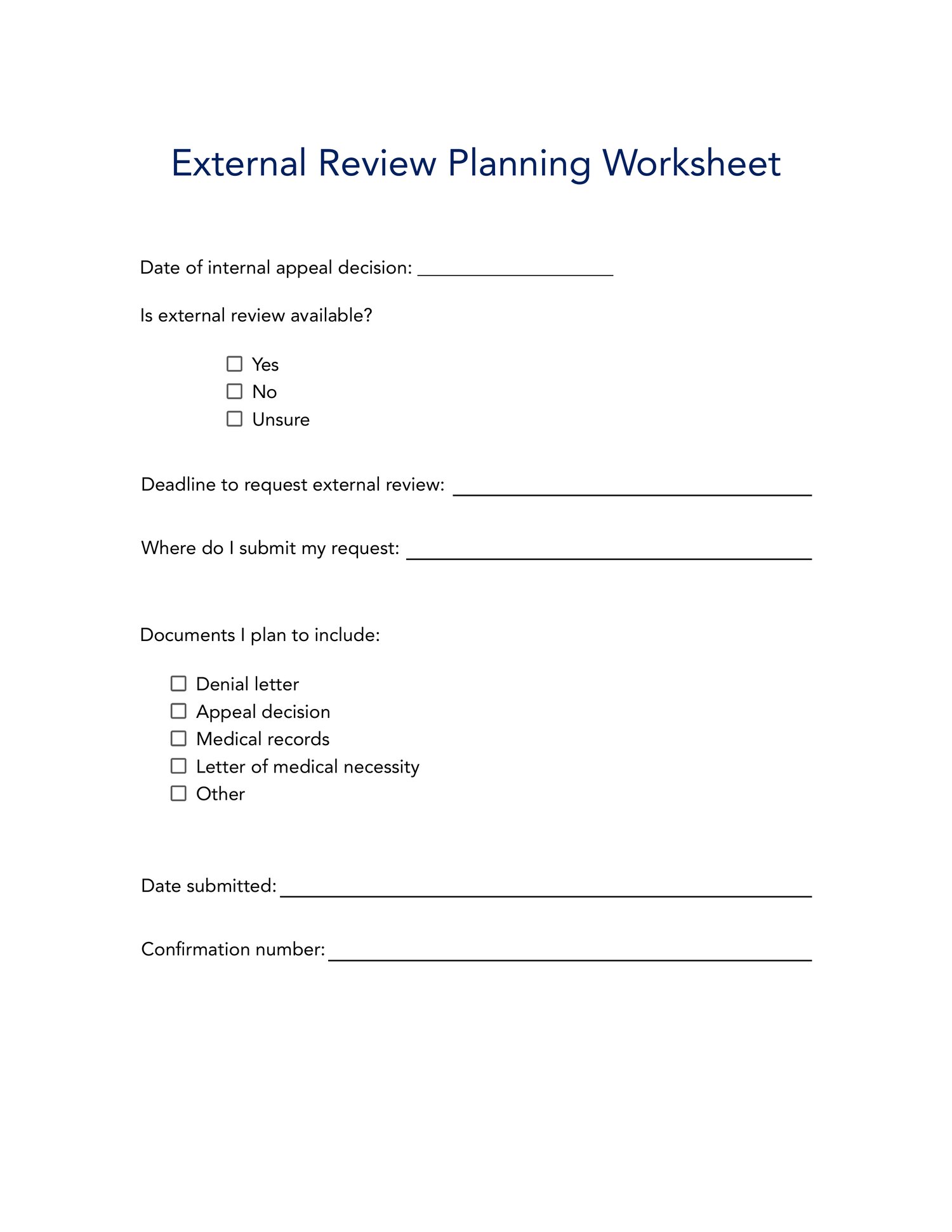 External review worksheet for documenting information and preparing a request for an external review of a health insurance denial.