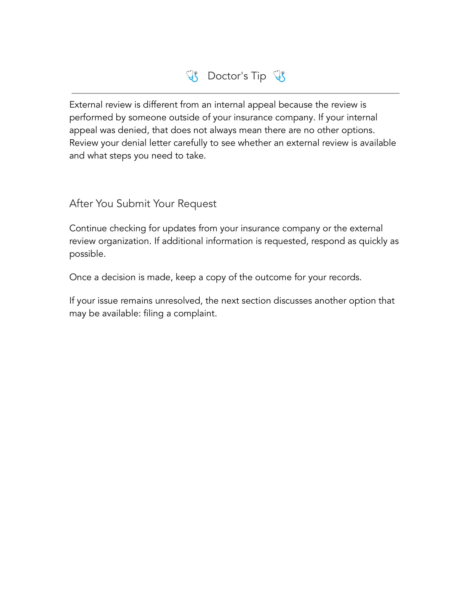 Sample page from the external review section of a health insurance denial and appeal workbook, explaining the external review process and what to expect.