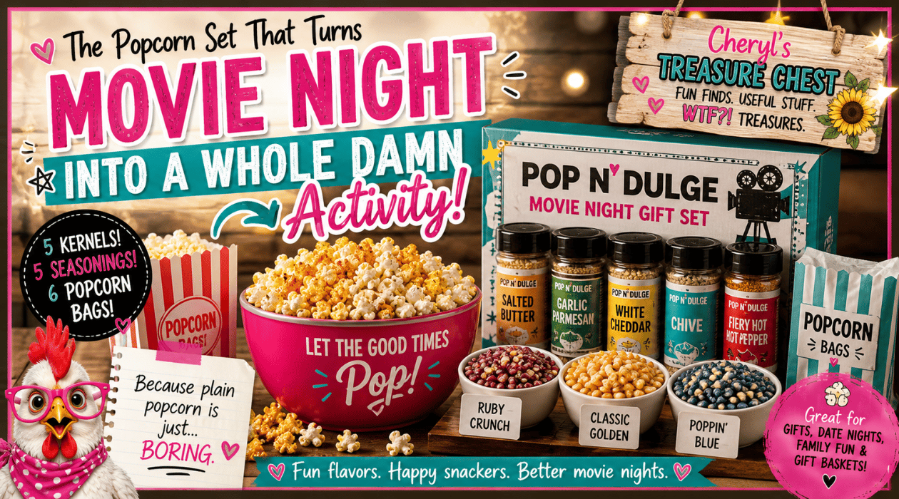 Pop N’ Dulge Movie Night popcorn gift set with five gourmet popcorn kernels, five seasonings, and six popcorn bags, presented with colorful popcorn bowls and Cheryl’s Treasure Chest branding.