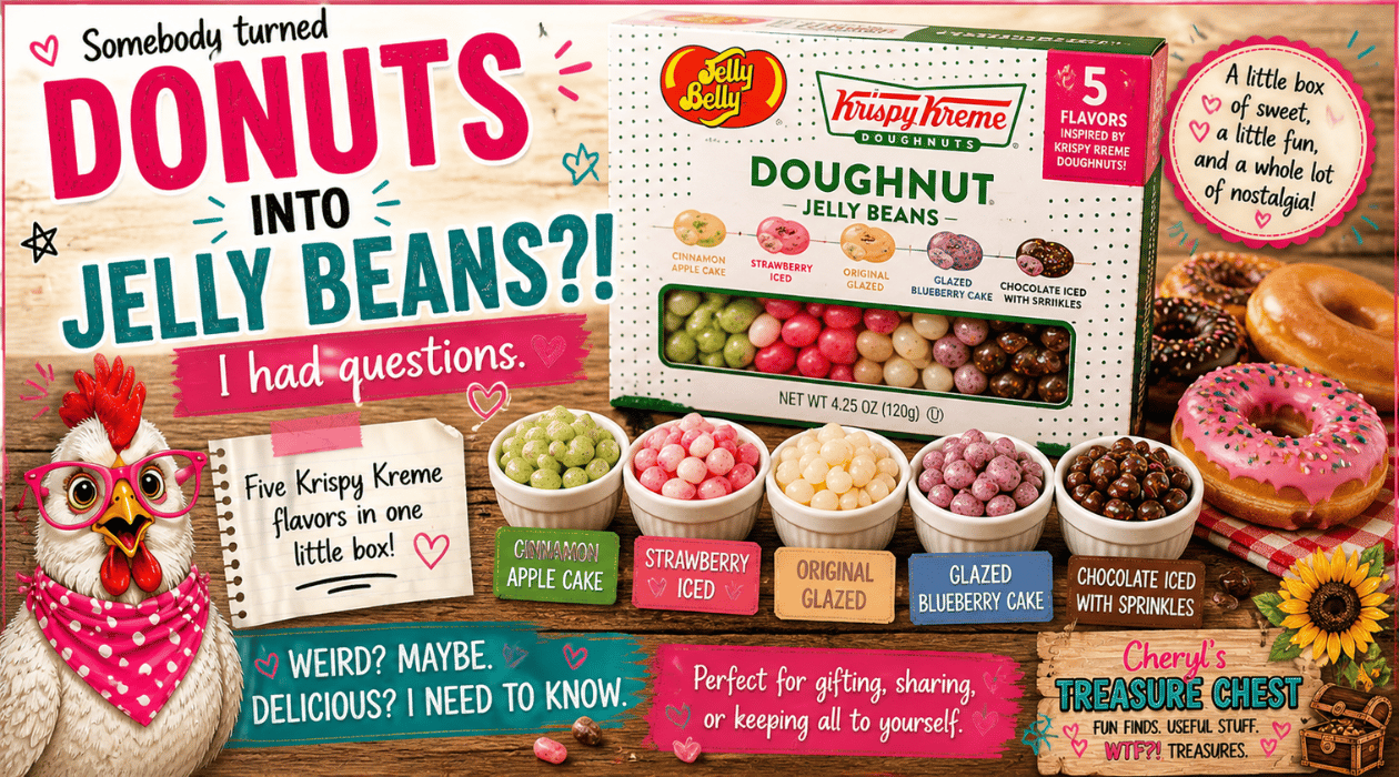Jelly Belly Krispy Kreme Doughnut Jelly Beans in five doughnut-inspired flavors, displayed with colorful jelly beans, doughnuts, and Cheryl’s Treasure Chest branding.