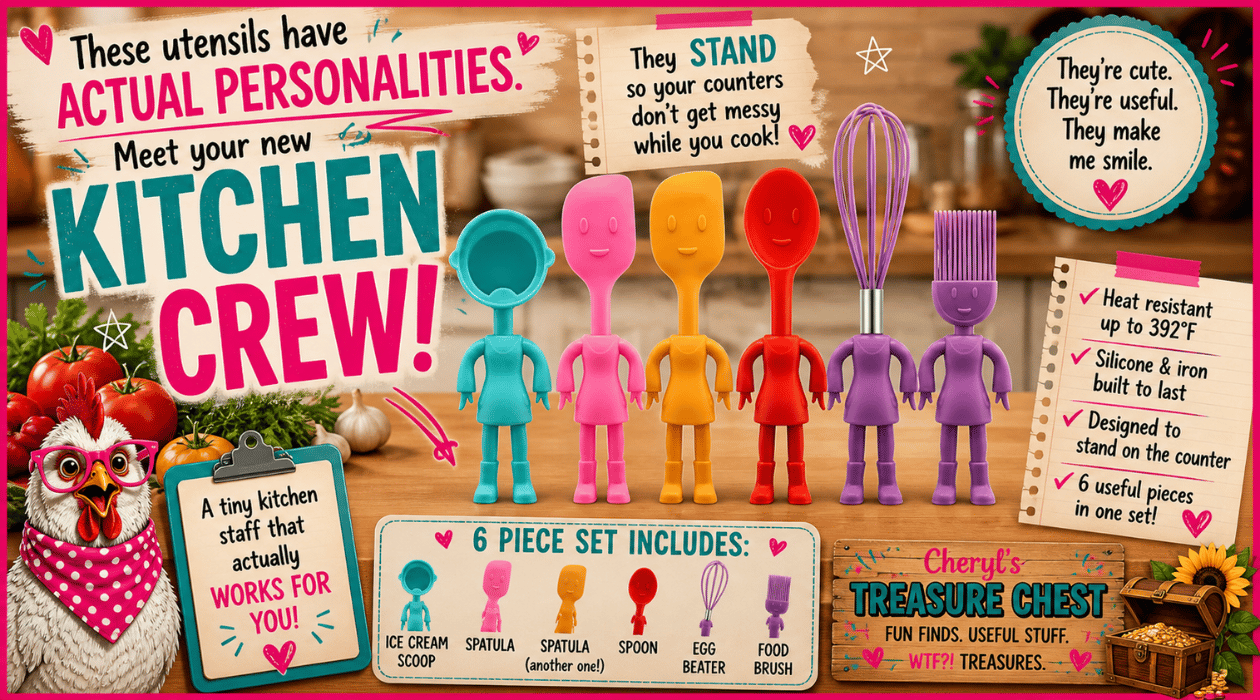 Raiten six-piece human-shaped kitchen utensil set with colorful standing spoon, spatulas, egg beater, food brush, and ice cream scoop, shown on a kitchen counter with Cheryl’s Treasure Chest branding.